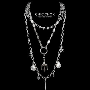 CHICCHOK "Blade Tide Gathering" Layered Stainless Steel Necklace | Poseidon Trident Shell & Starfish Pendant Drop Chain | Dark Marine Grunge Streetwear Jewelry