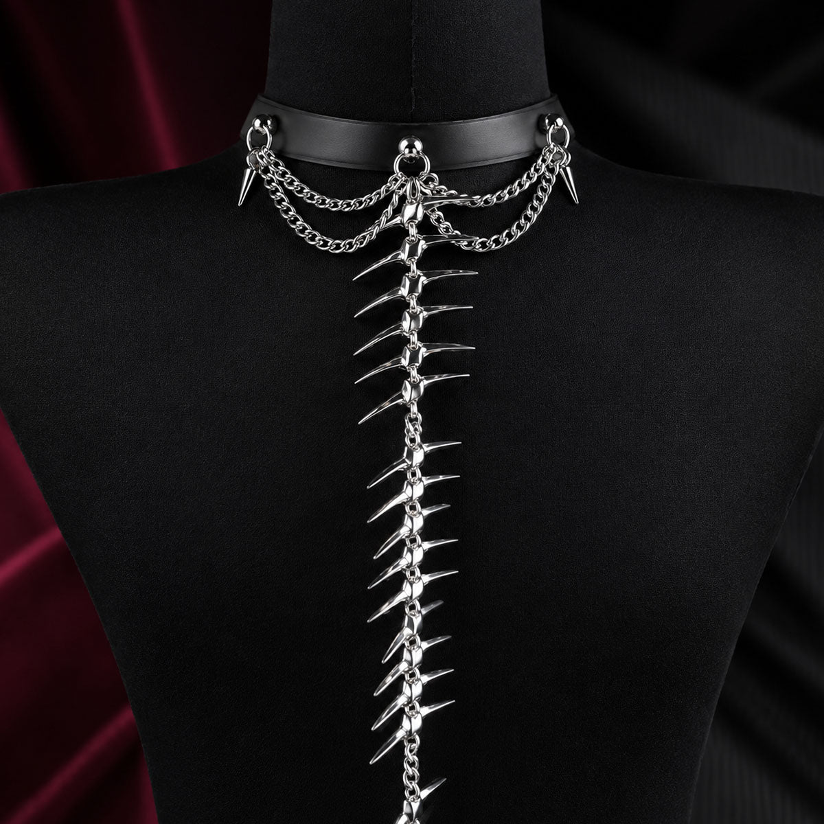 CHICCHOK "Spinal Echo" Genuine Leather Choker | Gothic Spine Bone Back Chain & Y-Necklace | Dark Cyberpunk Subculture Jewelry