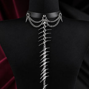 CHICCHOK "Spinal Echo" Genuine Leather Choker | Gothic Spine Bone Back Chain & Y-Necklace | Dark Cyberpunk Subculture Jewelry