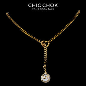 CHICCHOK Whispering Selene Y-Lariat Necklace | Gold Stainless Steel Heart Cuban Link Chain | 12 Zodiac Mother-of-Pearl Rhinestone Moon Pendant Astrological Jewelry