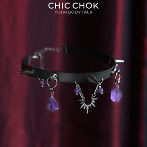 CHICCHOK Phantom Crystal Shackle Slim Choker | Gothic Amethyst Spike Leather Collar | Luxury Witchcore Punk Subversive Body Armor