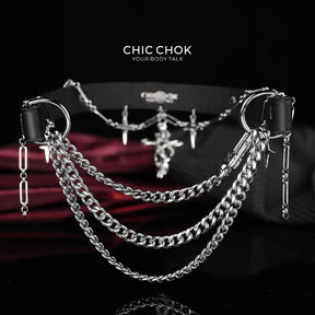 Ras-de-cou en cuir véritable CHICCHOK Cloister Sunset | Collier pendentif croix gothique à épines | Bijou techwear subversif luxe baroque avec dagues