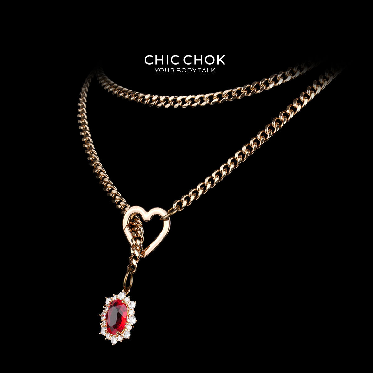CHICCHOK Golden Silence | Layered Titanium Steel Y-Necklace | Red Crystal Heart Pendant