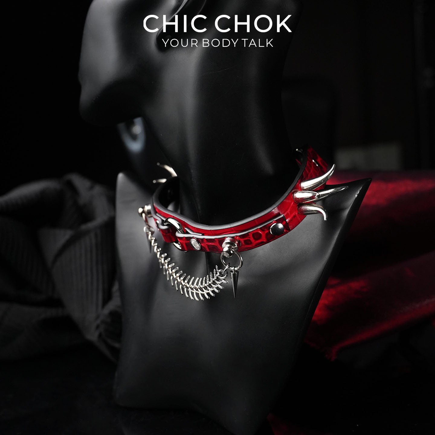 CHICCHOK Crimson Croc | Bone Kiss Spiked Choker | Crocodile Embossed Leather Fishbone Necklace