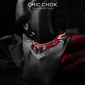 CHICCHOK Crimson Croc | Bone Kiss Spiked Choker | Crocodile Embossed Leather Fishbone Necklace