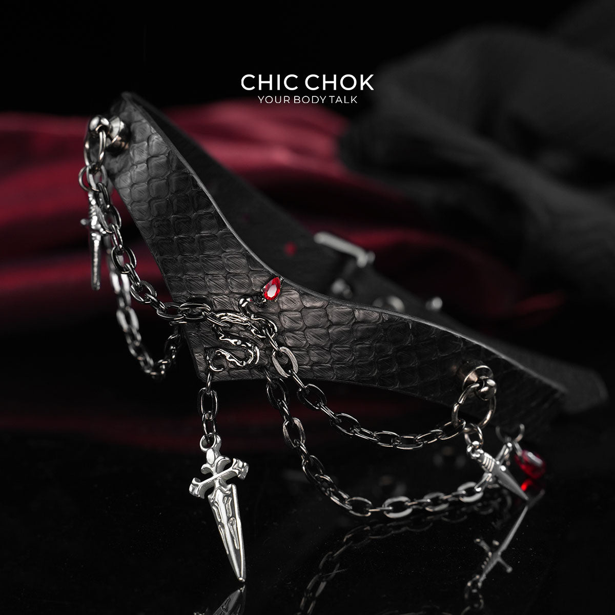 CHICCHOK "Serpent's Blood Oath" Python Leather Sword Choker | Dark Gothic V-Shape Collar | Subculture Rebellious Neckwear