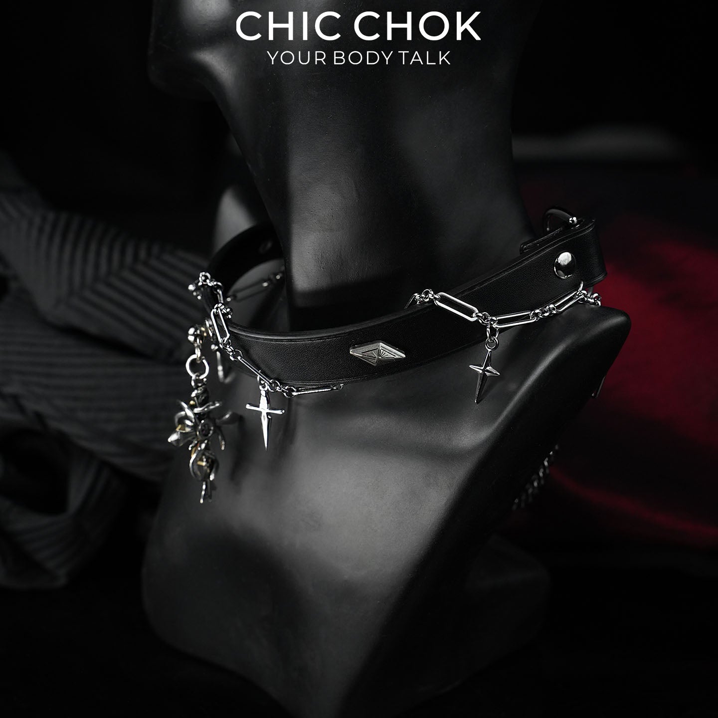 CHICCHOK Cloister Sunset Genuine Leather Choker | Gothic Thorn Cross Pendant Collar | Luxury Baroque Dagger Subversive Techwear Jewelry
