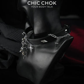 CHICCHOK Cloister Sunset Genuine Leather Choker | Gothic Thorn Cross Pendant Collar | Luxury Baroque Dagger Subversive Techwear Jewelry