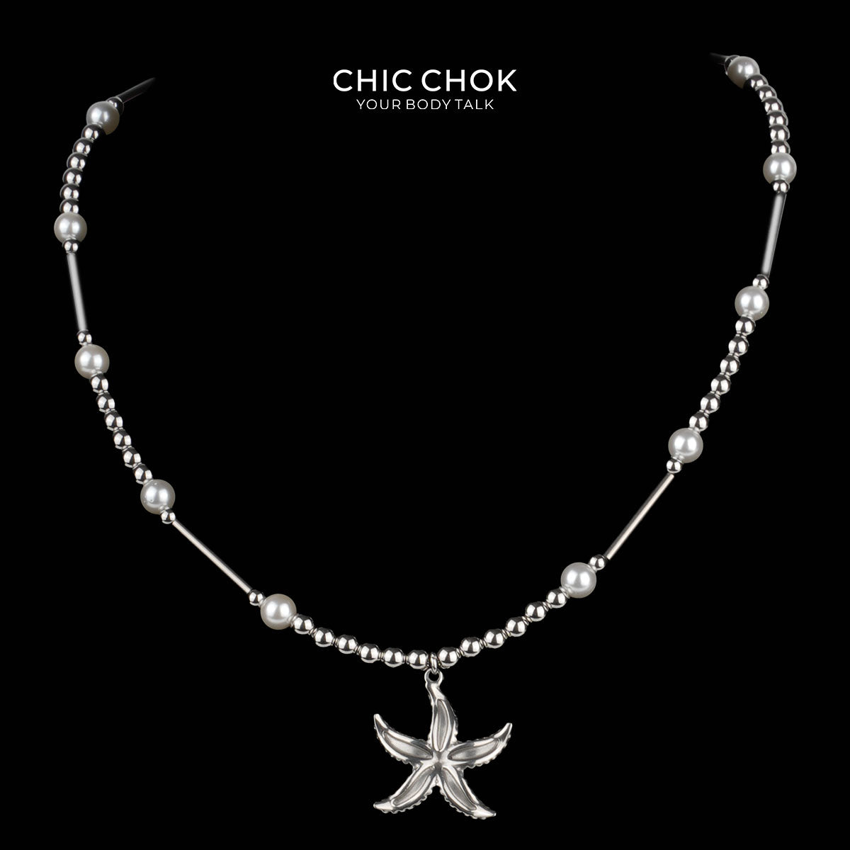 CHICCHOK Abyssal Star Catcher Necklace | Stainless Steel & Pearl Mixed Beaded Chain | Y2K Subversive Mermaidcore Starfish Pendant Jewelry