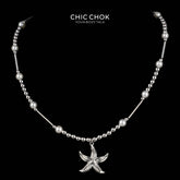 CHICCHOK Abyssal Star Catcher Necklace | Stainless Steel & Pearl Mixed Beaded Chain | Y2K Subversive Mermaidcore Starfish Pendant Jewelry
