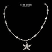 CHICCHOK Abyssal Star Catcher Necklace | Stainless Steel & Pearl Mixed Beaded Chain | Y2K Subversive Mermaidcore Starfish Pendant Jewelry