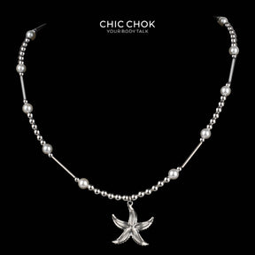CHICCHOK Abyssal Star Catcher Necklace | Stainless Steel & Pearl Mixed Beaded Chain | Y2K Subversive Mermaidcore Starfish Pendant Jewelry