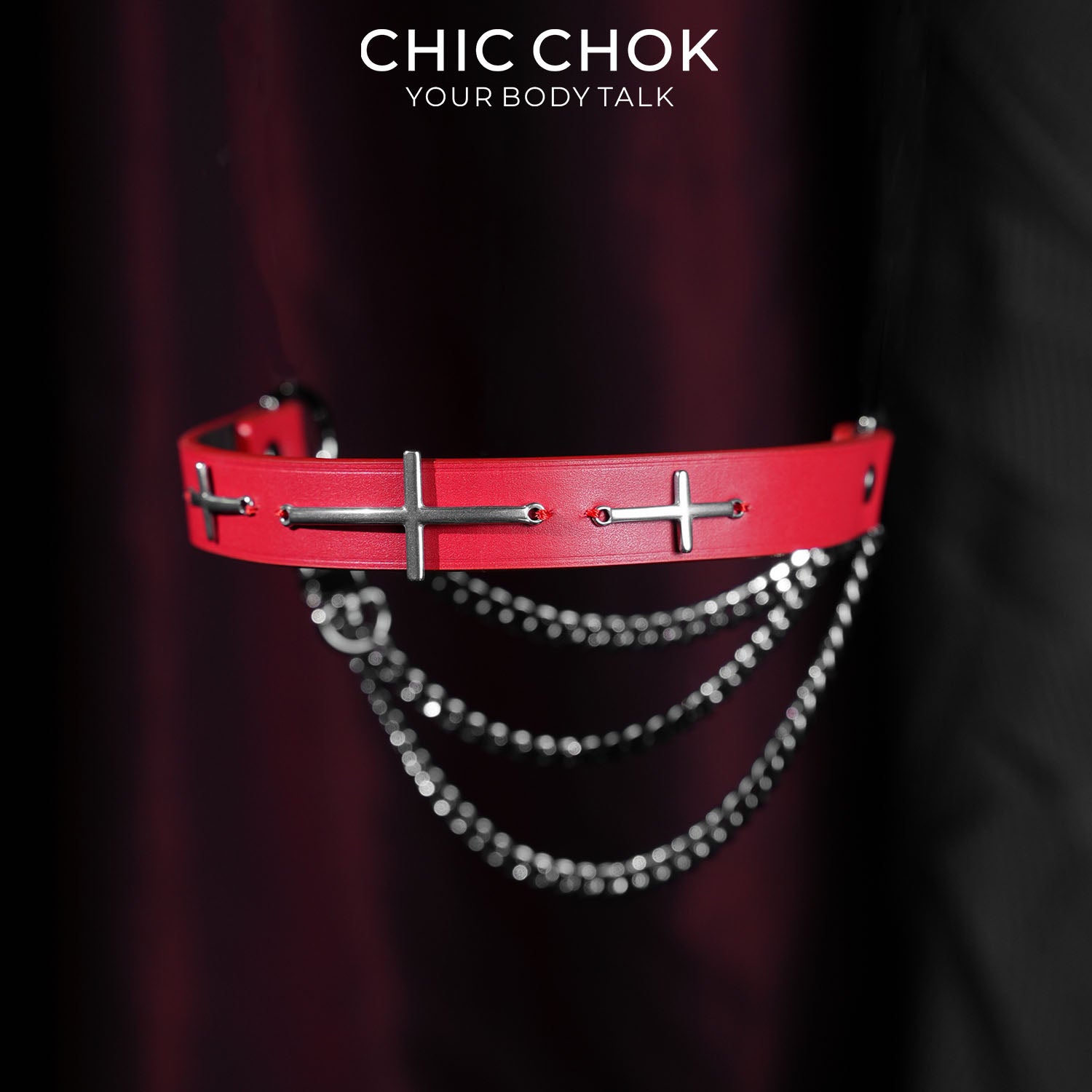 CHICCHOK Sacred Path Red Covenant Genuine Leather Choker | Gothic Silver Cross Pendant Collar | Luxury Red & Silver Subversive Punk Bondage Jewelry