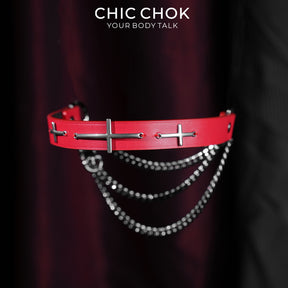 CHICCHOK Sacred Path Red Covenant Genuine Leather Choker | Gothic Silver Cross Pendant Collar | Luxury Red & Silver Subversive Punk Bondage Jewelry