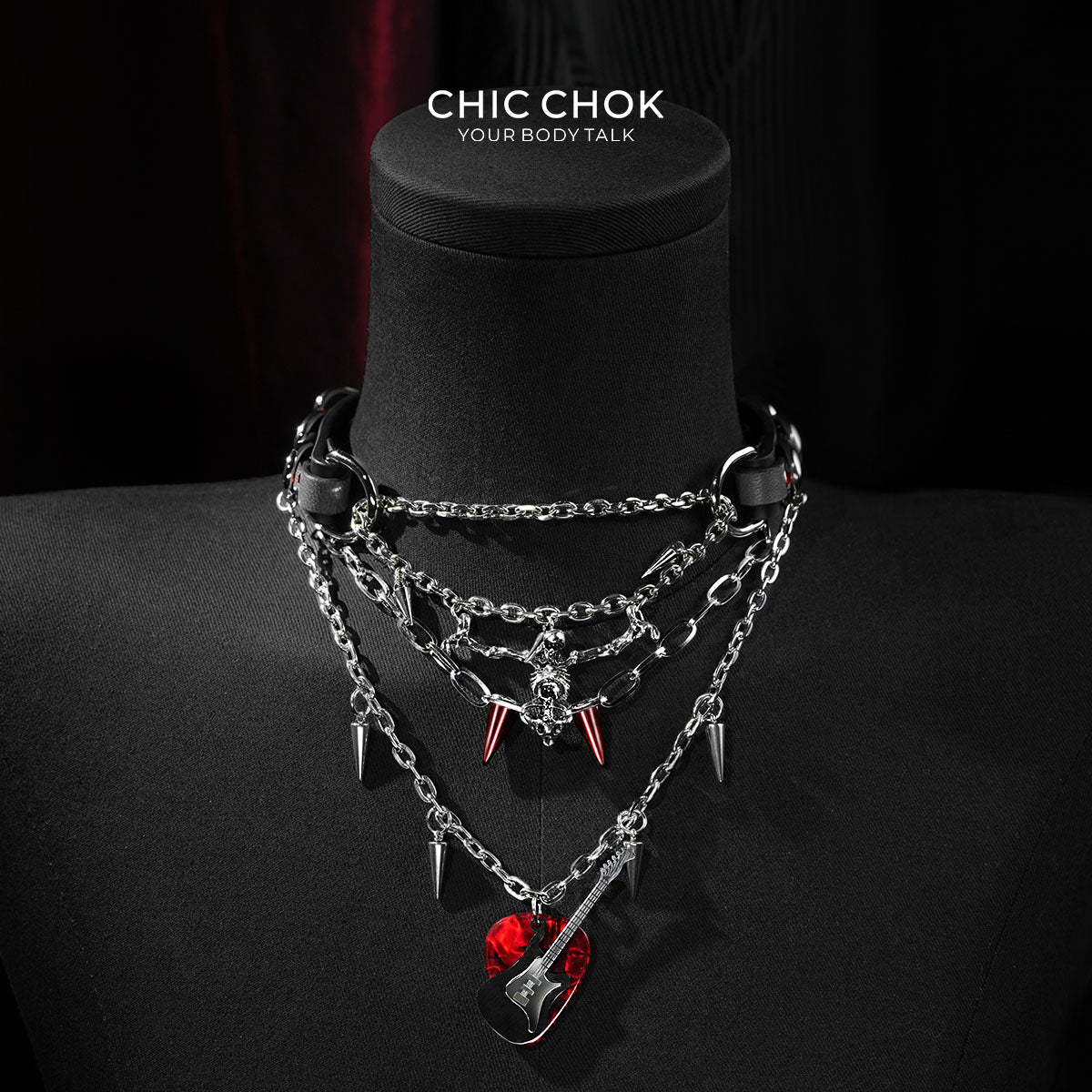 CHICCHOK Crimson Requiem: choker Heavy Metal Festival z zawieszkami gitary i czaszki