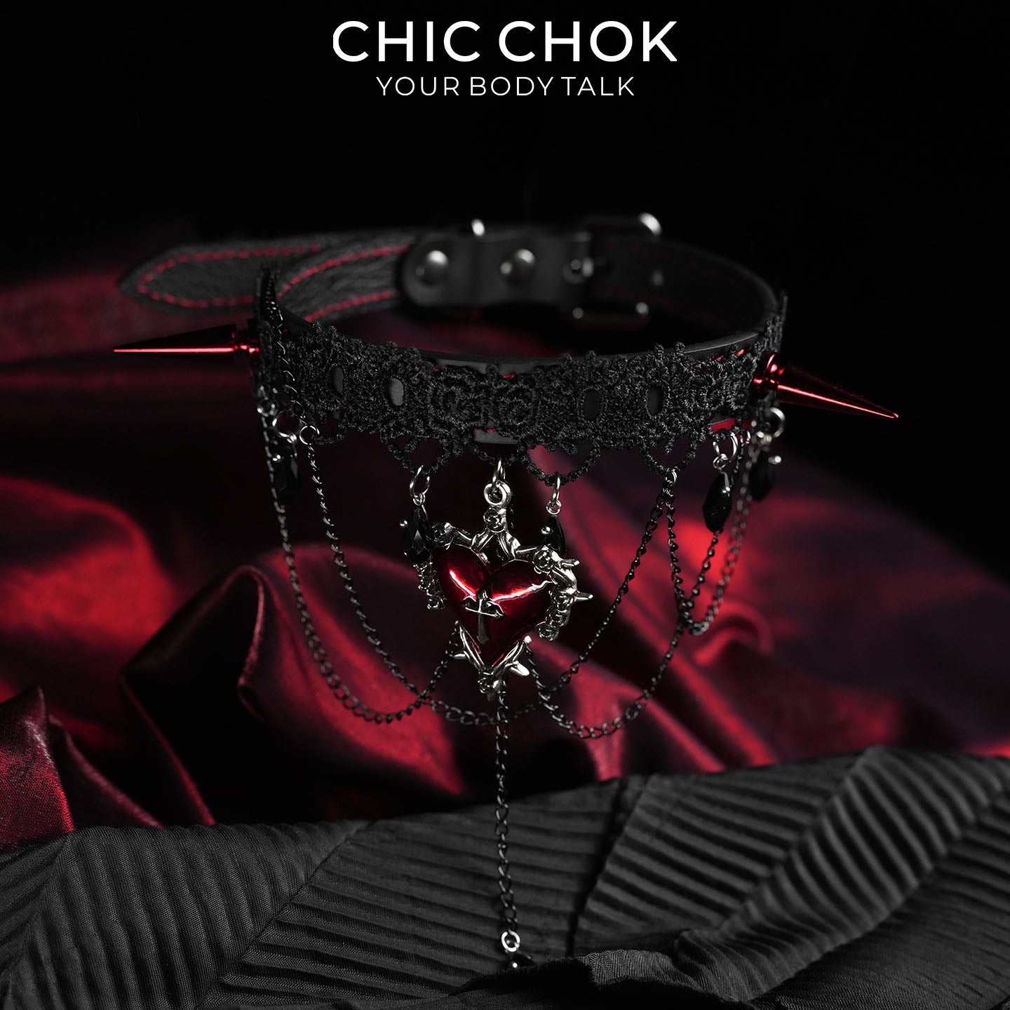 CHICCHOK Black and Red Lace Spiked Collar | Top-Grain Calfskin Cross-Shaped Pendant | Vampire Gothic Lace Necklace