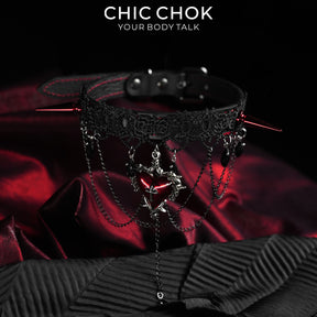 CHICCHOK Black and Red Lace Spiked Collar | Top-Grain Calfskin Cross-Shaped Pendant | Vampire Gothic Lace Necklace
