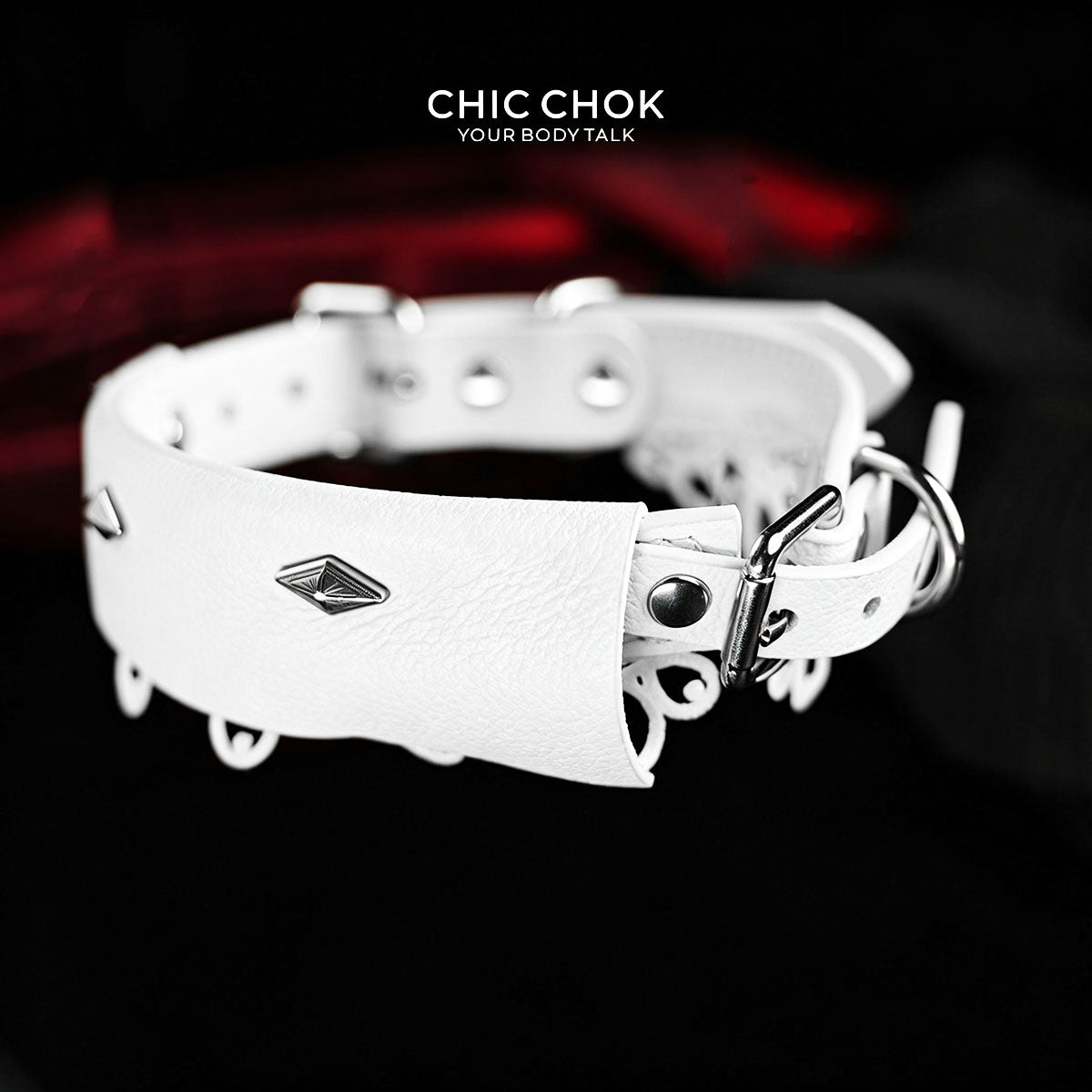 CHICCHOK Sanctuary of Chaos | Choker Renda Kulit Putih | Collar Gothic D-Ring