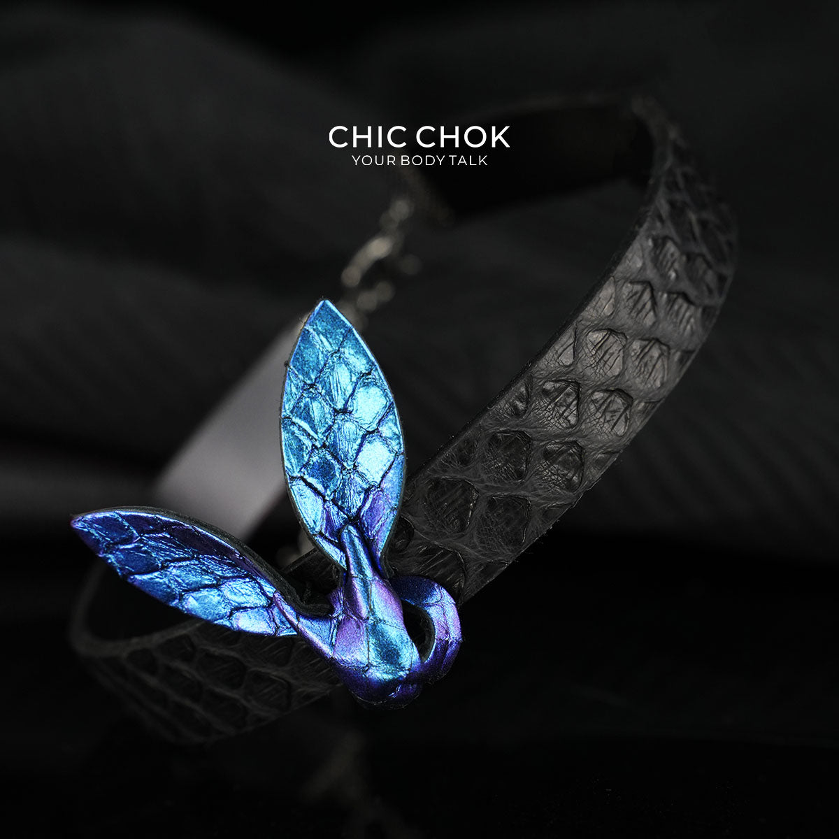 CHICCHOK Abyssal Phantom Rabbit Choker | Genuine Cowhide & Snakeskin Leather Collar | Iridescent Gothic Bunny Cyberpunk Neckwear