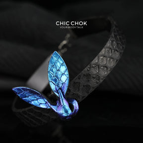 CHICCHOK Abyssal Phantom Rabbit Choker | Genuine Cowhide & Snakeskin Leather Collar | Iridescent Gothic Bunny Cyberpunk Neckwear