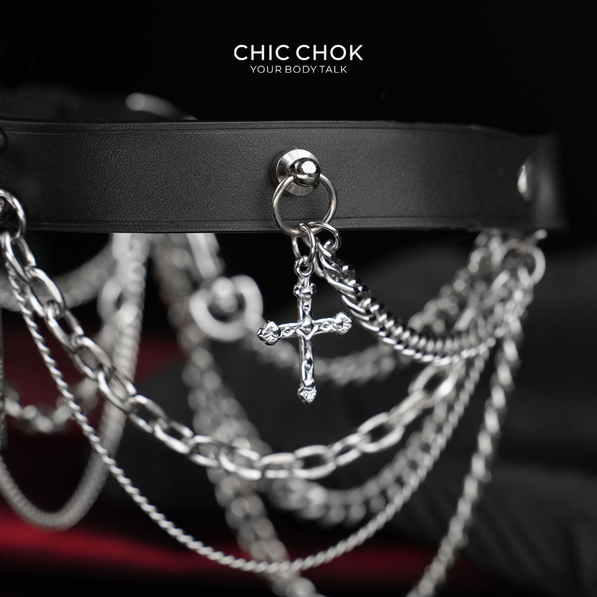 CHICCHOK Emerald Night Ritual Leather Choker | Gothic Layered Chain Stainless Steel Collar | Ornate Emerald Amulet Vampire Grunge Jewelry