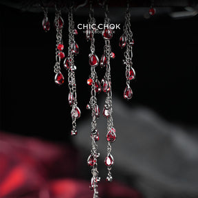 CHICCHOK "Scarlet Aria" Vampire Lace Choker | Genuine Leather & Crystal Teardrop Collar | Dark Gothic Theatrical Neckwear