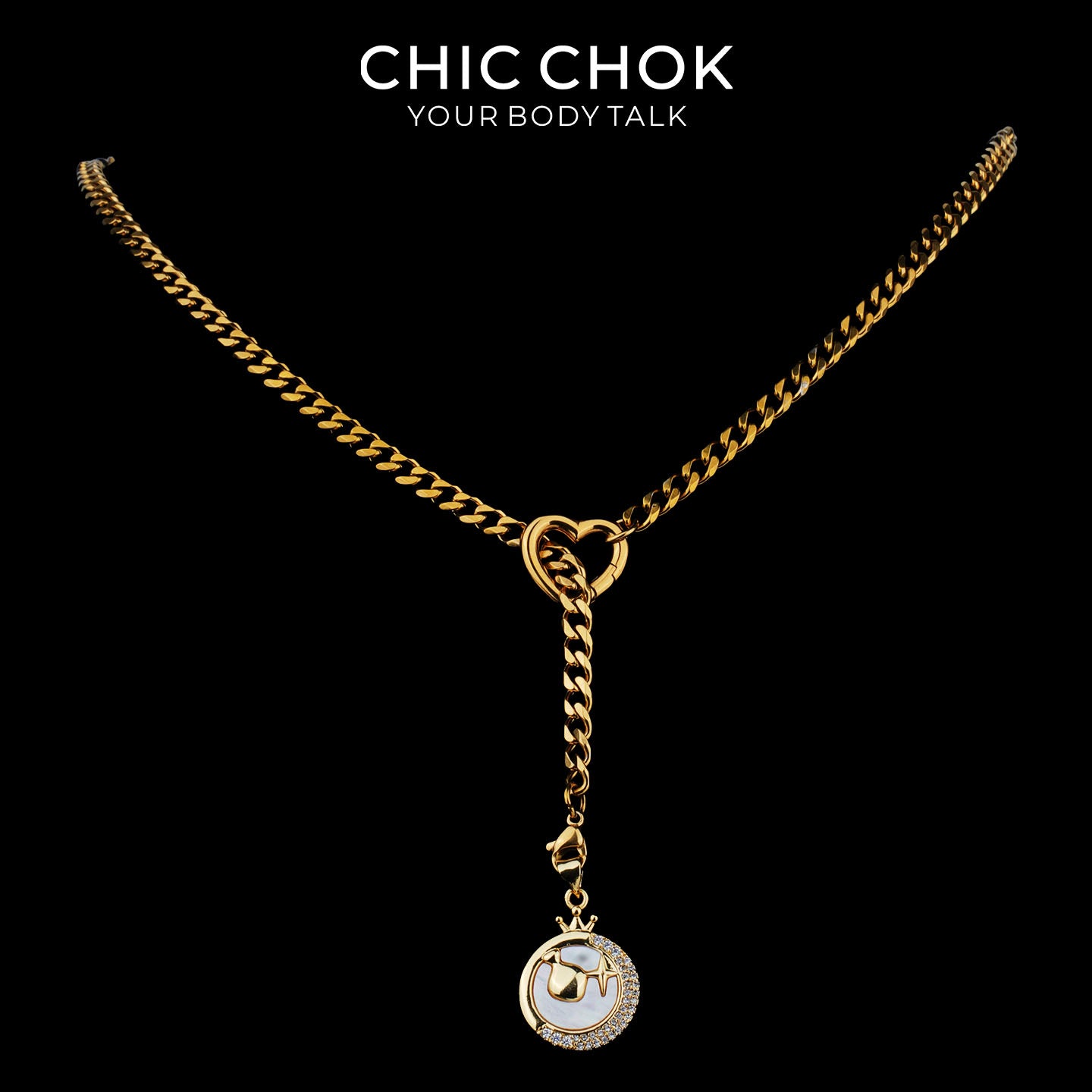 CHICCHOK |12 Zodiac Mother-of-Pearl Rhinestone Moon Pendant Astrological Jewelry Whispering Selene Y-Lariat Necklace | Gold Stainless Steel Heart Cuban Link Chain