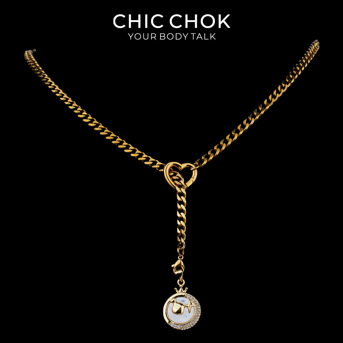 CHICCHOK |12 Zodiac Mother-of-Pearl Rhinestone Moon Pendant Astrological Jewelry Whispering Selene Y-Lariat Necklace | Gold Stainless Steel Heart Cuban Link Chain