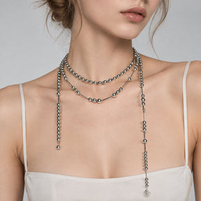 CHICCHOK Dream Lock Pearl Lariat Necklace - Avant-Garde Silver Metallic Shell Pearl & Stainless Steel Layered Body Chain