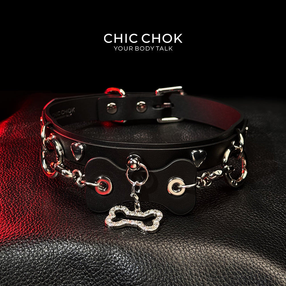 CHICCHOK [Puppy Love] Fashion Cute and Lovely Style, Shiny Bone Shape Pendant Daily Wear Leather Necklace Choker slipchaincollarwomen