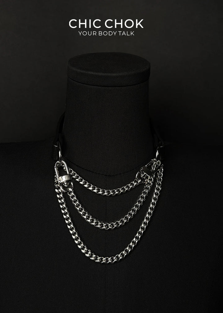 CHICCHOK [Breathless] Fashion Black with Thick Chains, Movable Pulling Chain Daily Wear Leather Necklace Choker versatile wear(Removable chain)
