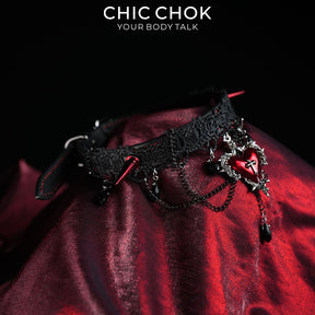 CHICCHOK Black and Red Lace Spiked Collar | Top-Grain Calfskin Cross-Shaped Pendant | Vampire Gothic Lace Necklace