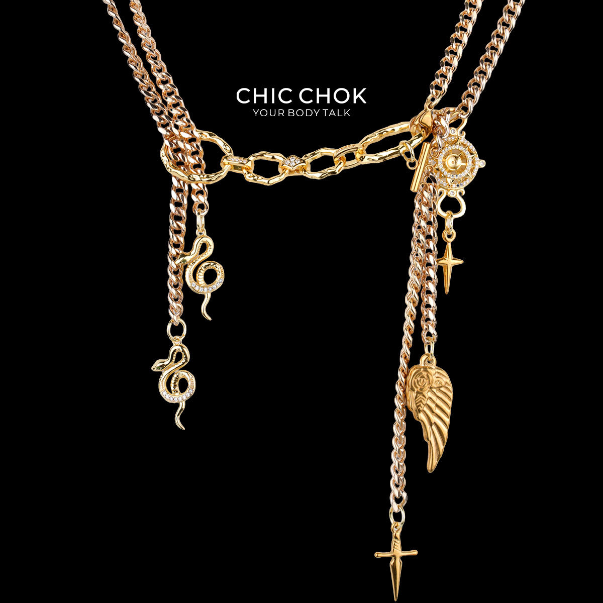 CHICCHOK "Winged Serpent Astral Wheel" Layered Gold Necklace | Stainless Steel Snake Wing & Compass Pendant Drop Chain | Dark Luxury Y2K Streetwear Jewelry