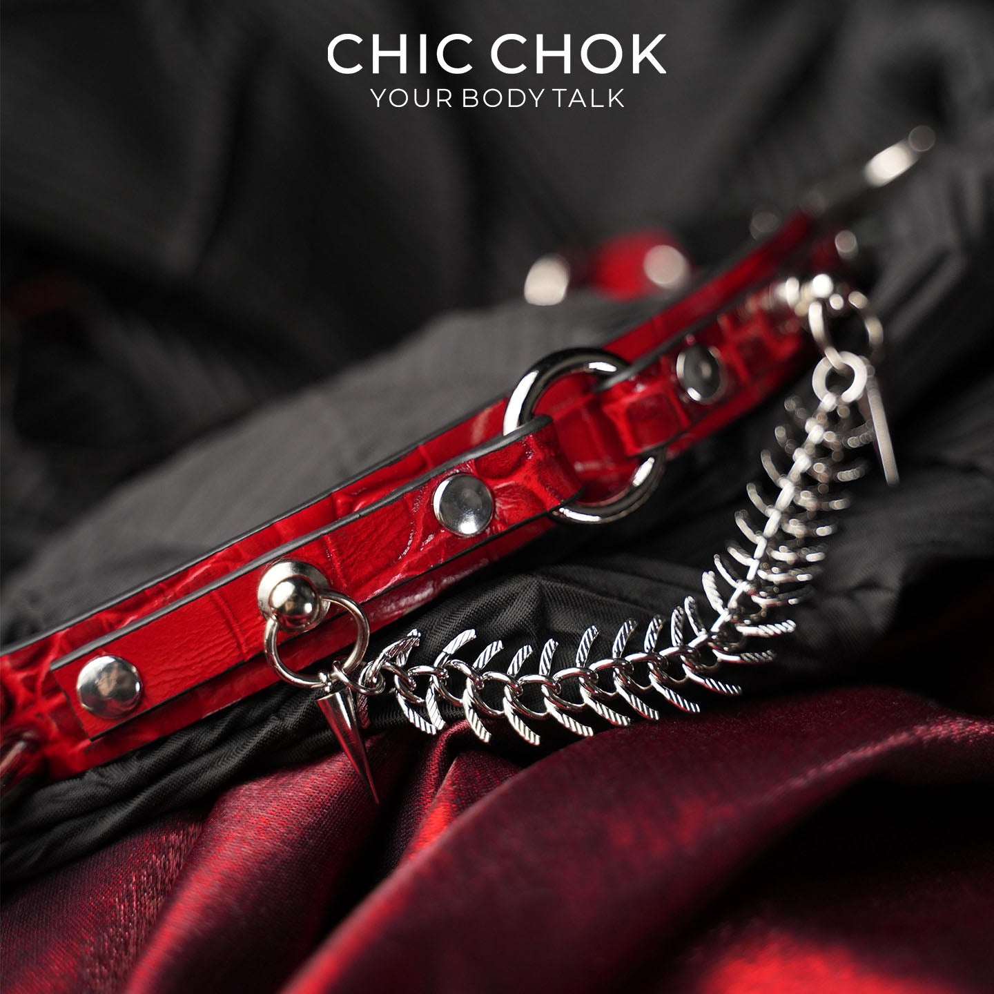 CHICCHOK Crimson Croc | Bone Kiss Spiked Choker | Crocodile Embossed Leather Fishbone Necklace