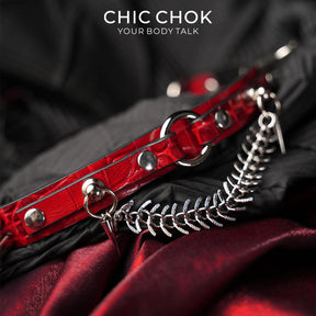 CHICCHOK Crimson Croc | Bone Kiss Spiked Choker | Crocodile Embossed Leather Fishbone Necklace