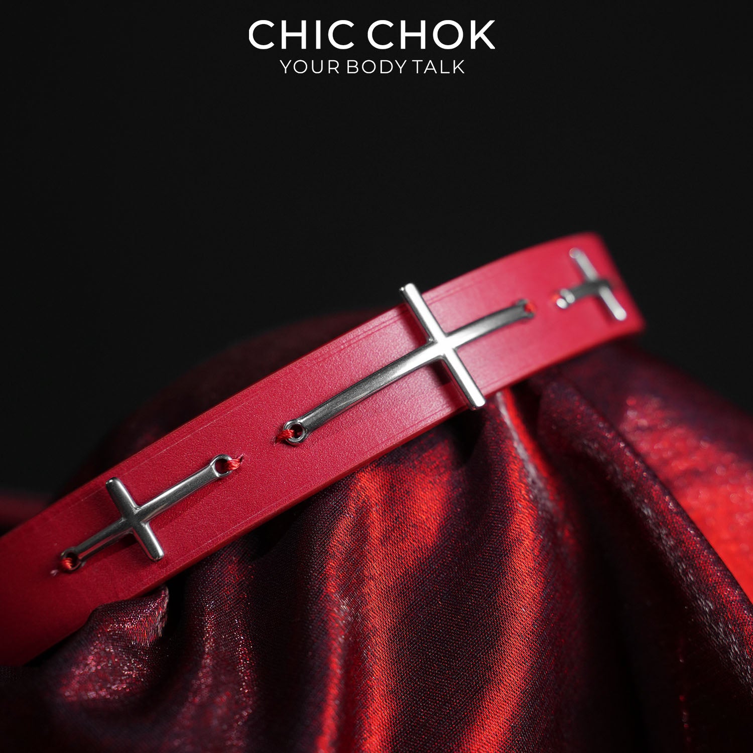 CHICCHOK Sacred Path Red Covenant Genuine Leather Choker | Gothic Silver Cross Pendant Collar | Luxury Red & Silver Subversive Punk Bondage Jewelry