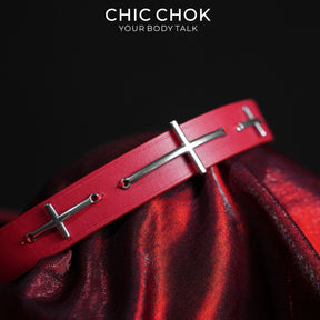 CHICCHOK Sacred Path Red Covenant Genuine Leather Choker | Gothic Silver Cross Pendant Collar | Luxury Red & Silver Subversive Punk Bondage Jewelry