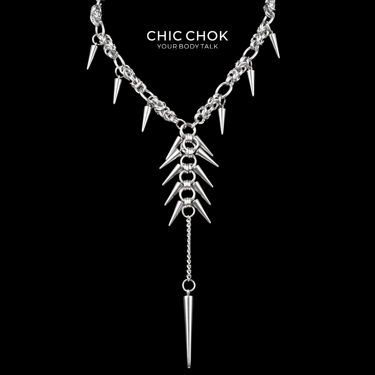 CHICCHOK Midnight Fangs Kalung Baja Tahan Karat | Choker Y-Lariat Rantai Byzantine Buatan Tangan | Perhiasan Paku Industrial Punk Cyber Goth Berat
