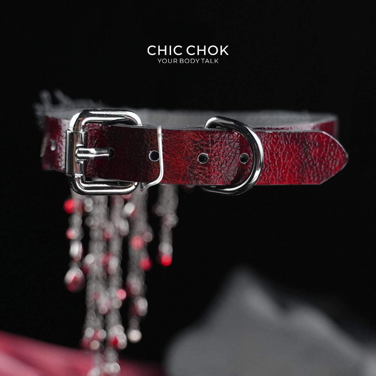 CHICCHOK "Scarlet Aria" Vampire Lace Choker | Genuine Leather & Crystal Teardrop Collar | Dark Gothic Theatrical Neckwear