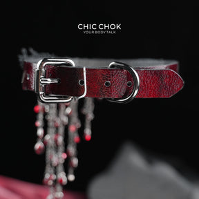 CHICCHOK "Scarlet Aria" Vampire Lace Choker | Genuine Leather & Crystal Teardrop Collar | Dark Gothic Theatrical Neckwear