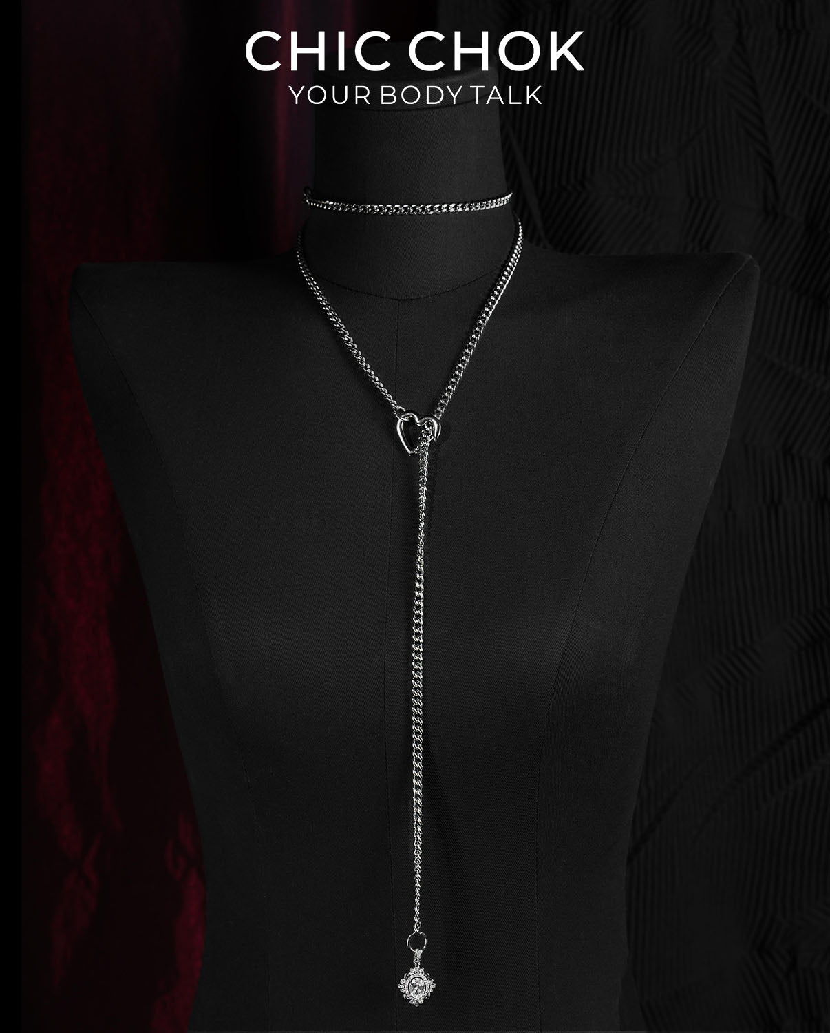 CHICCHOK Golden Silence | Layered Titanium Steel Y-Necklace | Red Crystal Heart Pendant