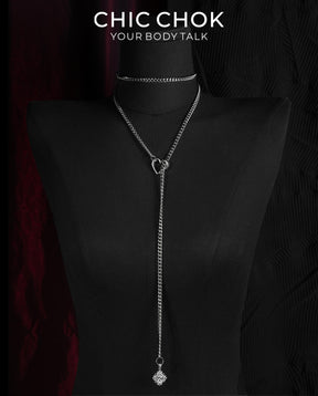 CHICCHOK Golden Silence | Layered Titanium Steel Y-Necklace | Red Crystal Heart Pendant
