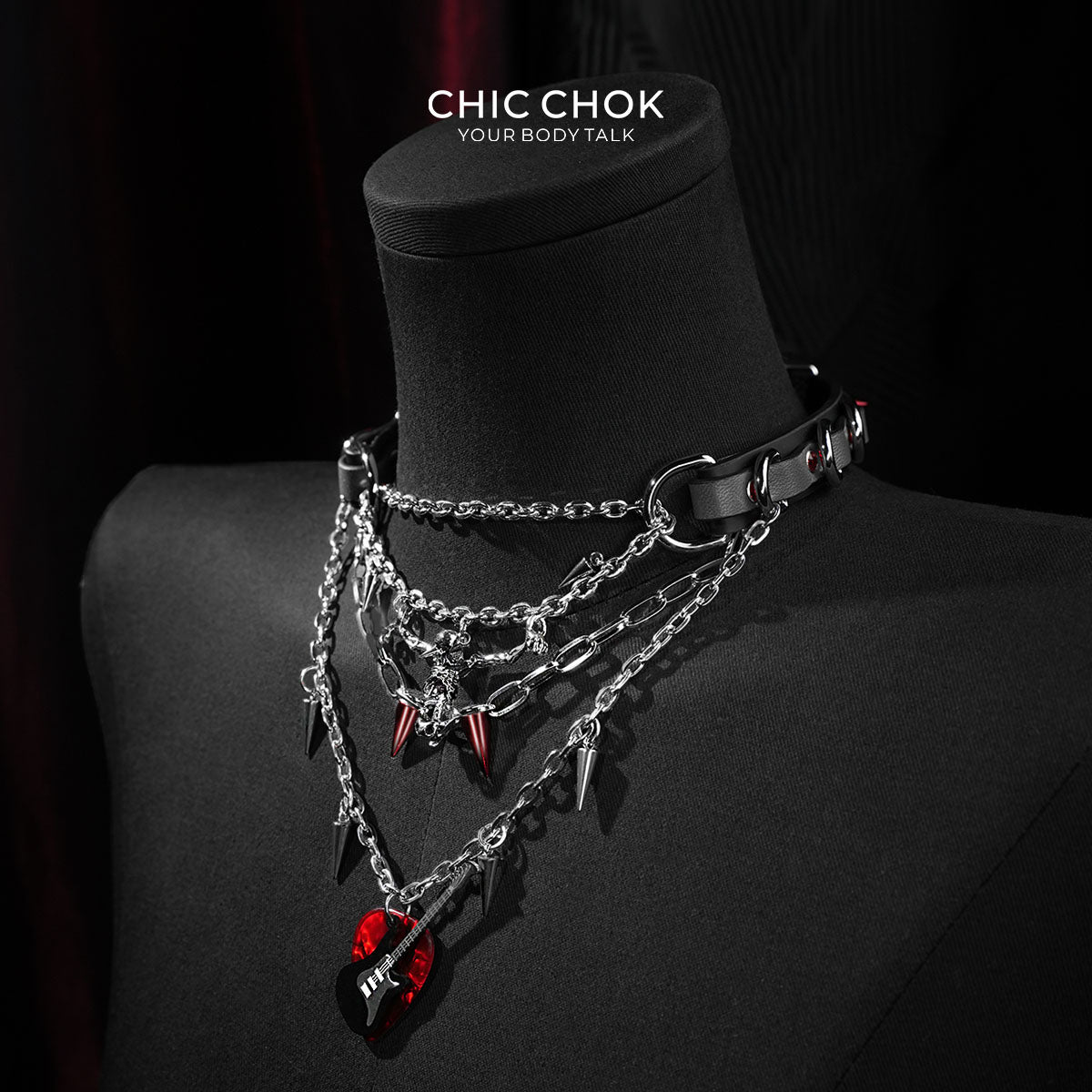 CHICCHOK Crimson Requiem: choker Heavy Metal Festival z zawieszkami gitary i czaszki