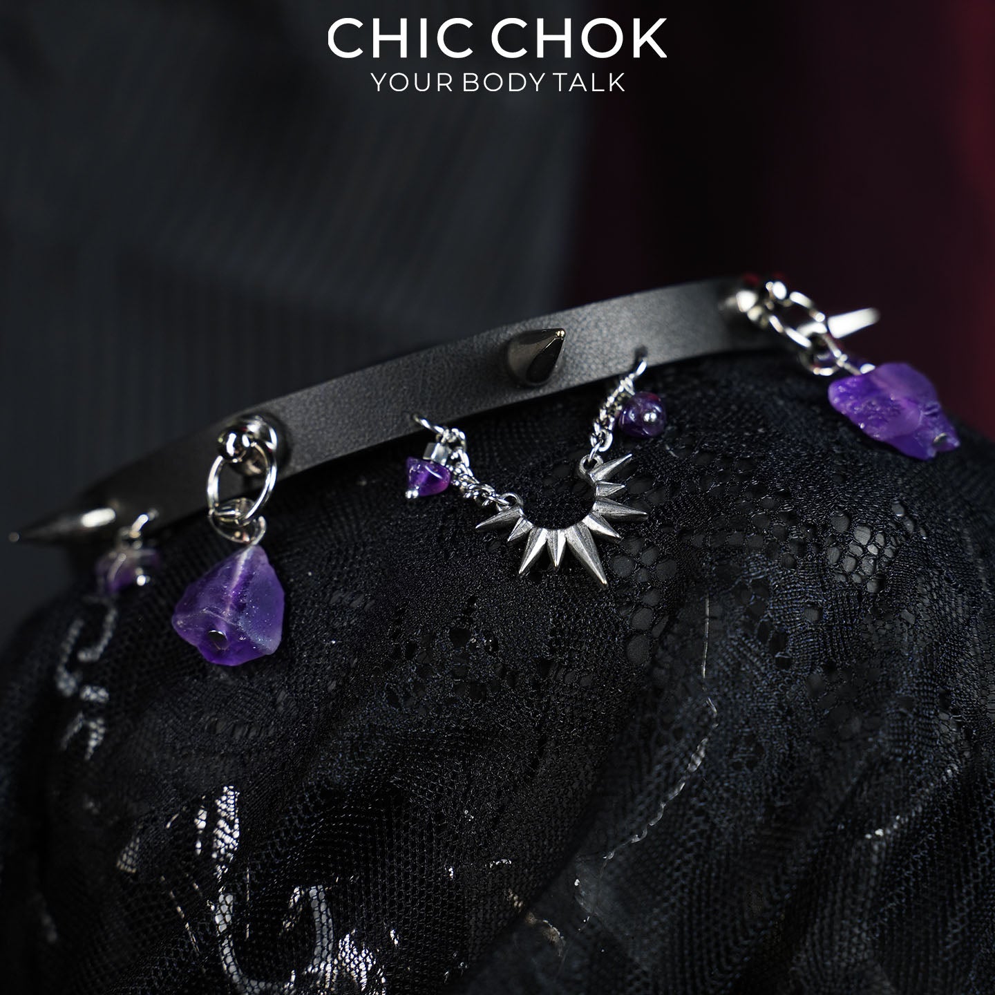 CHICCHOK Phantom Crystal Shackle Slim Choker | Gothic Amethyst Spike Leather Collar | Luxury Witchcore Punk Subversive Body Armor