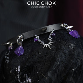 CHICCHOK Phantom Crystal Shackle Slim Choker | Gothic Amethyst Spike Leather Collar | Luxury Witchcore Punk Subversive Body Armor