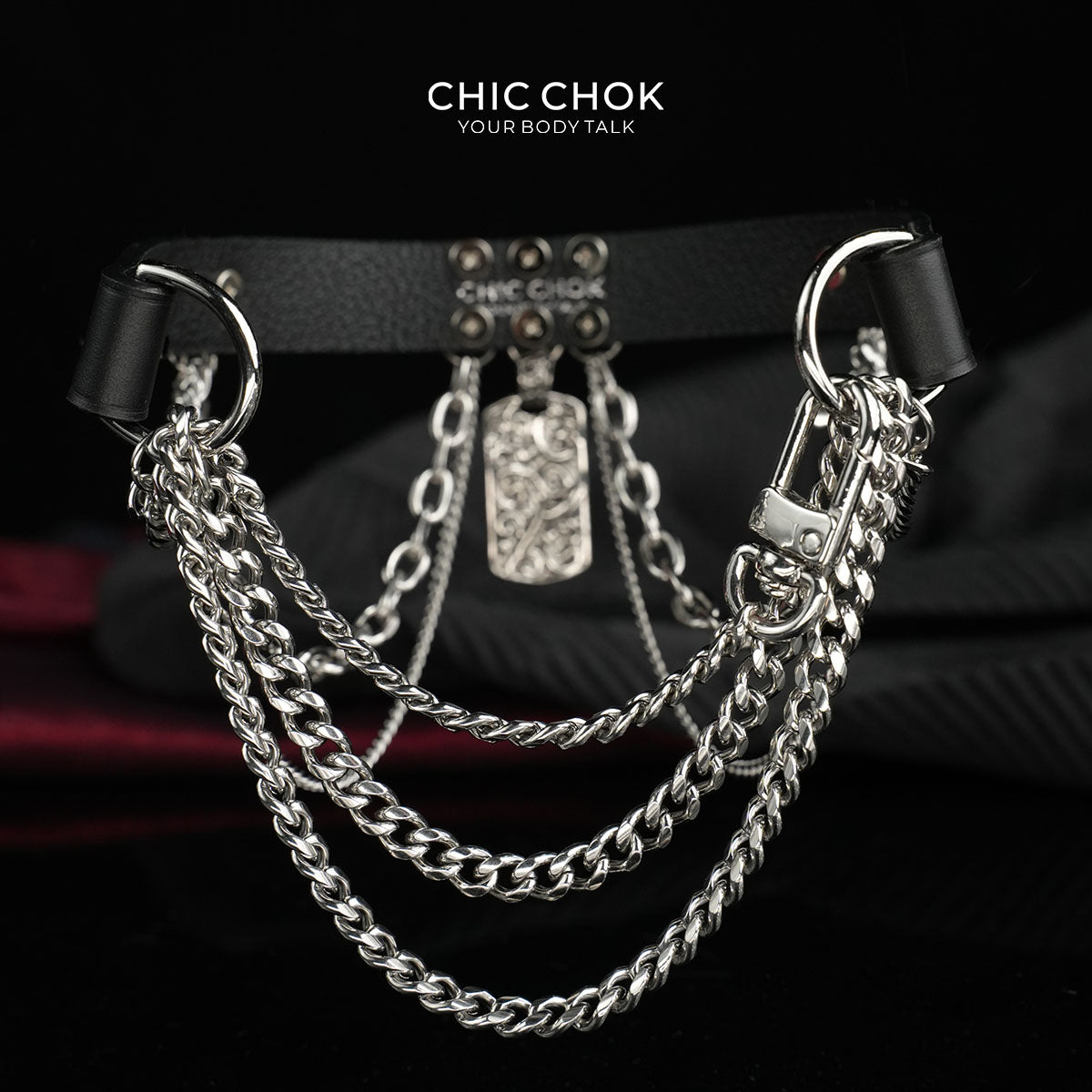 CHICCHOK Emerald Night Ritual Leather Choker | Gothic Layered Chain Stainless Steel Collar | Ornate Emerald Amulet Vampire Grunge Jewelry
