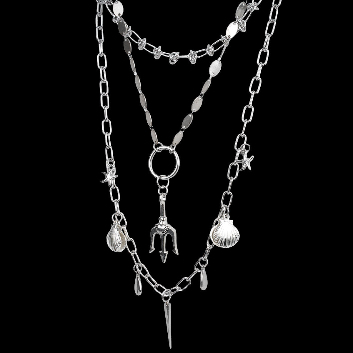 CHICCHOK "Blade Tide Gathering" Layered Stainless Steel Necklace | Poseidon Trident Shell & Starfish Pendant Drop Chain | Dark Marine Grunge Streetwear Jewelry