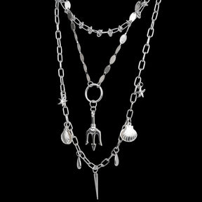 CHICCHOK "Blade Tide Gathering" Layered Stainless Steel Necklace | Poseidon Trident Shell & Starfish Pendant Drop Chain | Dark Marine Grunge Streetwear Jewelry