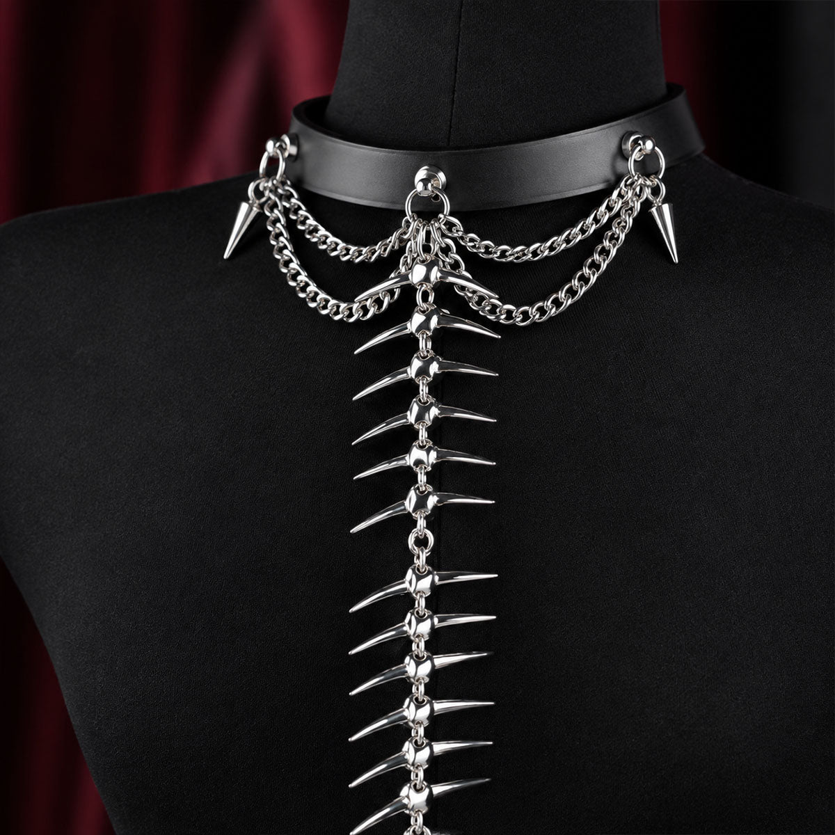 CHICCHOK "Spinal Echo" Genuine Leather Choker | Gothic Spine Bone Back Chain & Y-Necklace | Dark Cyberpunk Subculture Jewelry