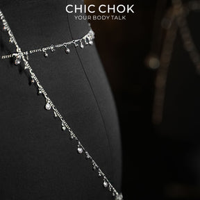 CHICCHOK Crown of the Night Queen | Ensemble chaînes de corps argentées avec cristaux | Harnais gothique compas & bijou lingerie à clochette intime